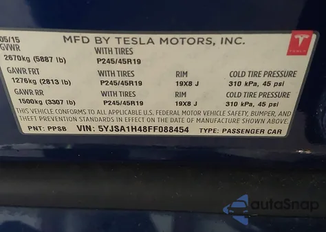 2015 Tesla Model S 85D/P85D z USA, uszkodzony, nr VIN 5YJSA1H48FF088454